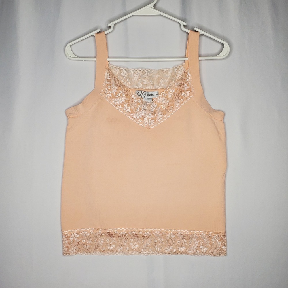 Dressbarn Tank Top Womens Medium Peach Pink‎ Lace Trim V-Neck Cami